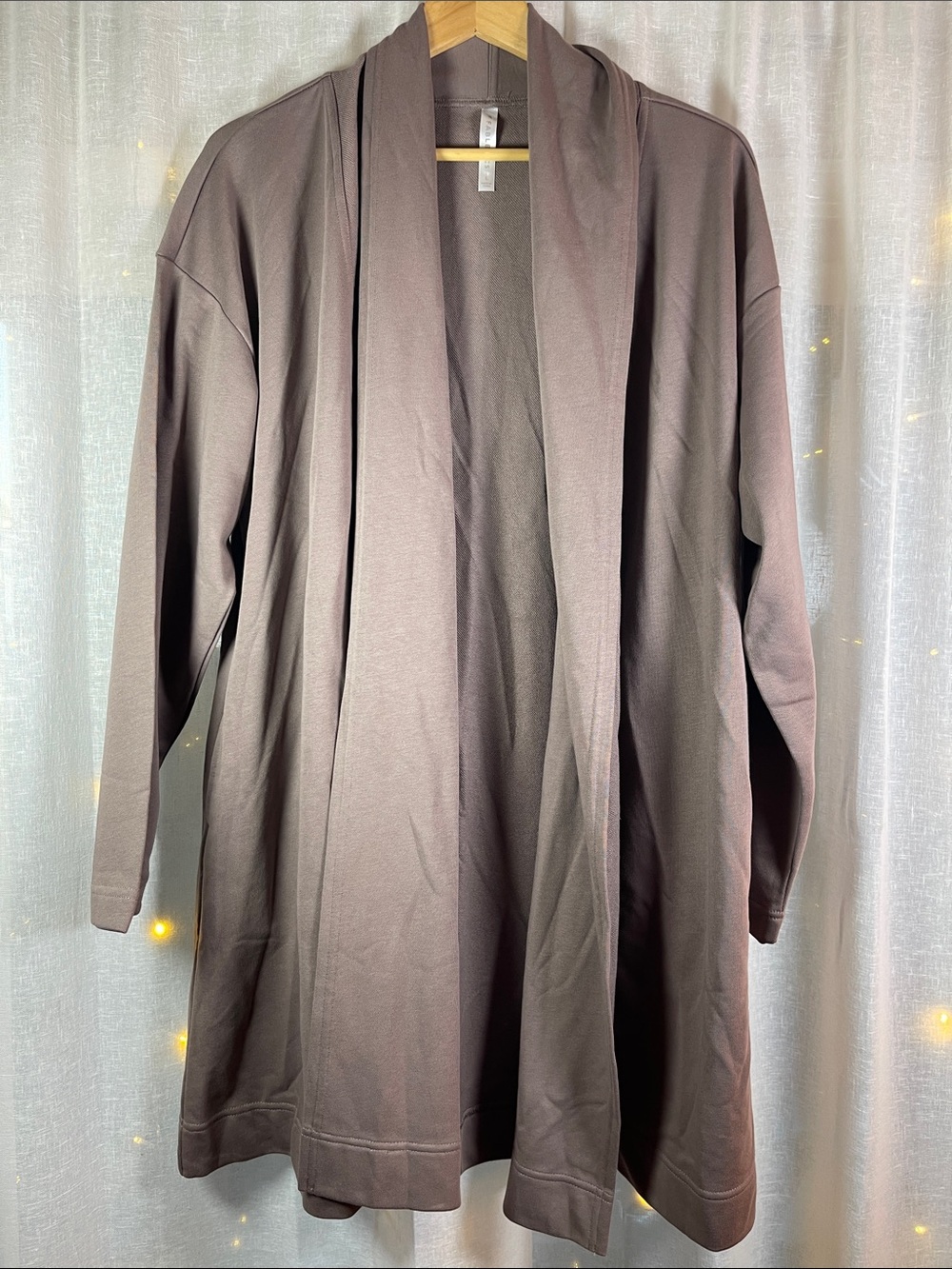 Fabletics Open-Front Long Cardigan Jacket in Taupe